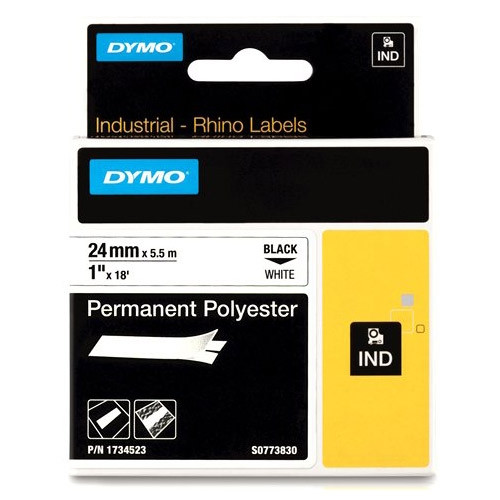 Dymo S0773830/1734523 IND Rhino ruban d'étiquettes permanent polyester noir sur blanc 24 mm (d'origine) 088672 - 1