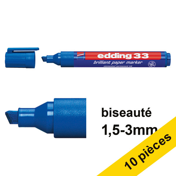 Offre : 10x Edding 33 marqueur papierà encre brillante (1 - 5 mm pointe biseautée) - bleu 239744 - 1
