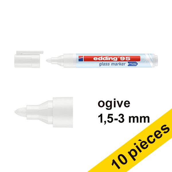 Offre : 10x Edding 95 marqueur pour tableaux en verre (1,5 - 3 mm ogive) - blanc 240598 - 1