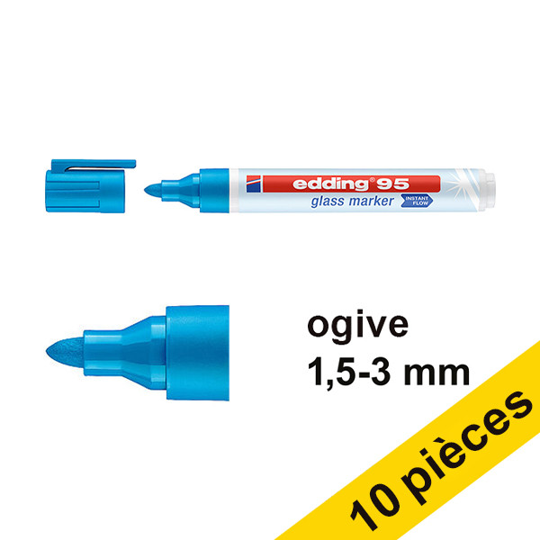 Offre : 10x Edding 95 marqueur pour tableaux en verre (1,5 - 3 mm ogive) - bleu clair 240597 - 1