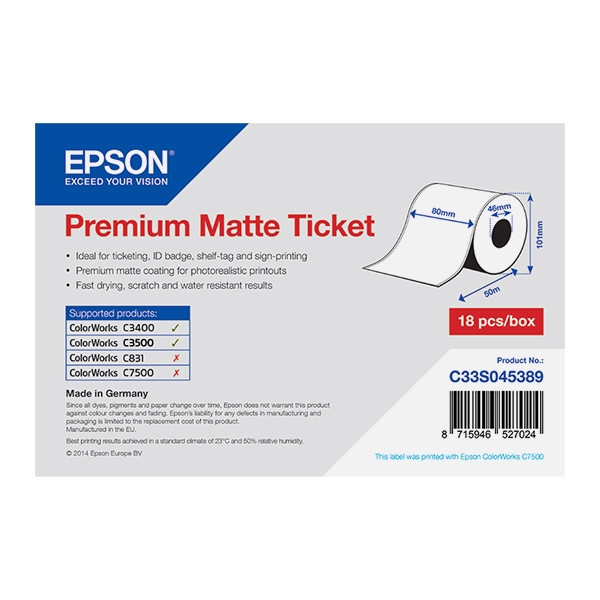 Epson C33S045389 étiquette linerless - mat premium 80 mm x 50 m (d'origine) 083368 - 1