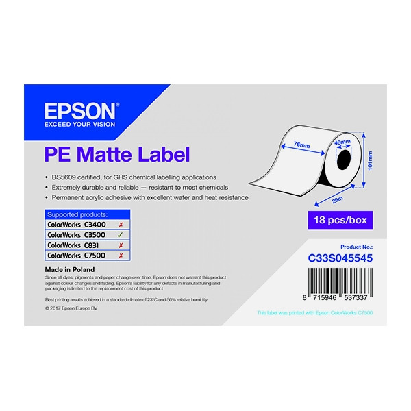 Epson C33S045545 PE rouleau d'étiquettes - mat 76 mm x 29 m (d'origine) 083402 - 1