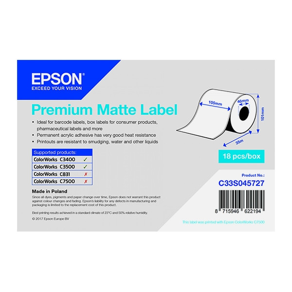 Epson C33S045727 étiquette linerless - mat premium 105 mm x 35 m (d'origine) 083388 - 1