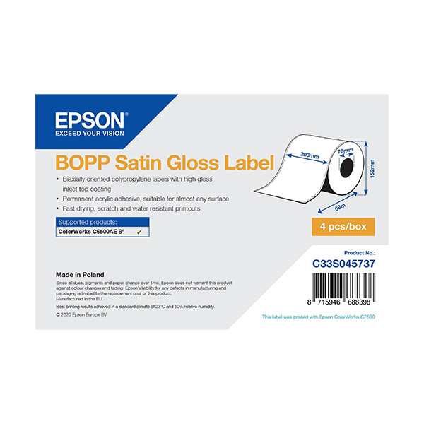 Epson C33S045737 rouleau d'étiquettes BOPP - brillant satiné 203 mm x 68 m (d'origine) 083636 - 1