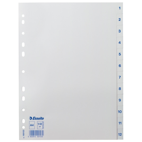 Esselte 100153 intercalaires A4 en plastique avec 12 onglets 1-12 (11 trous) - blanc 203830 - 1