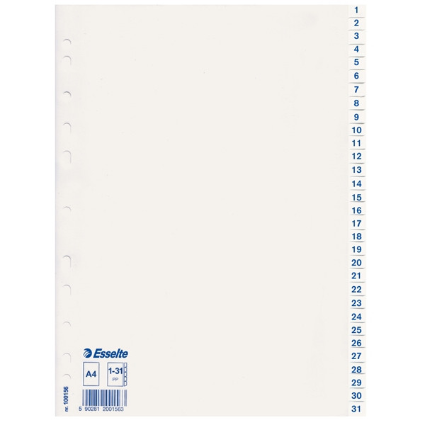 Esselte 100156 intercalaires A4 en plastique avec 31 onglets (11 trous) - blanc 203832 - 1