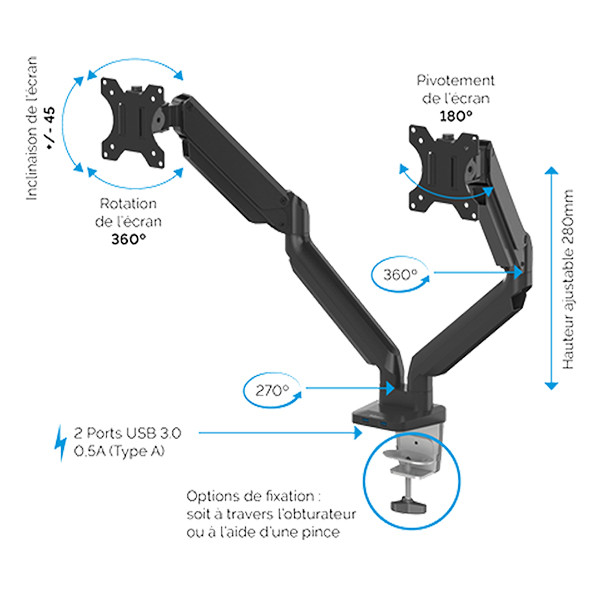 Fellowes Platinum Series bras d'écran pour 2 écrans (avec pince ou vis) - argent 215009 - 3