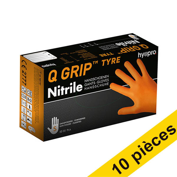 Offre : 10x HY@PRO Q Grip Tyre gants en nitrile sans poudre S (24 cm, 50 pièces) - orange SHY00145 - 1