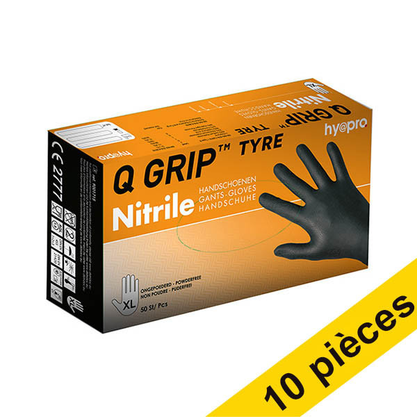 Offre : 10x HY@PRO Q Grip Tyre gants en nitrile sans poudre XL (24 cm, 50 pièces) - noir SHY00161 - 1