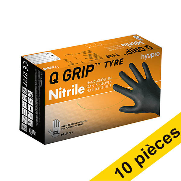Offre : 10x HY@PRO Q Grip Tyre gants en nitrile sans poudre XXL (24 cm, 50 pièces) - noir SHY00163 - 1