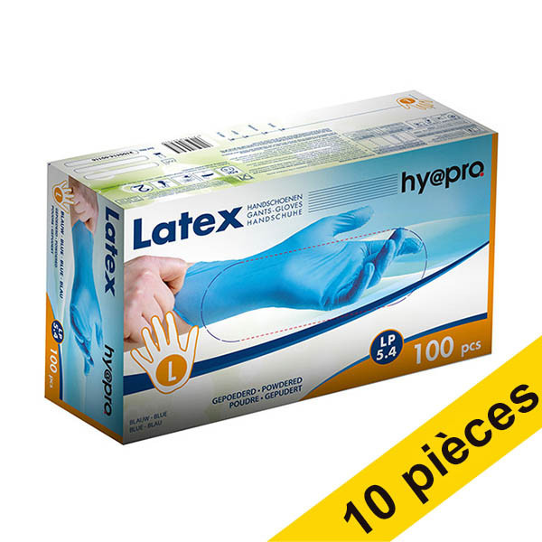 Offre : 10x HY@PRO gants en latex poudrés L (5,4 grammes, 24 cm, 100 pièces) - bleu SHY00201 - 1