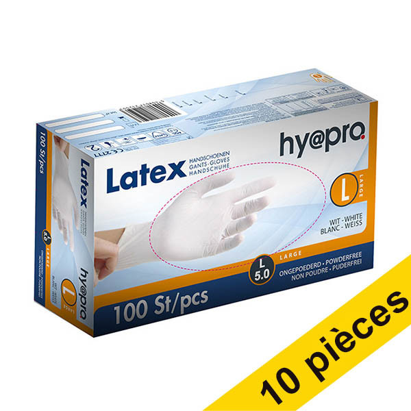 Offre : 10x HY@PRO gants en latex sans poudre L (5 grammes, 24 cm, 100 pièces) - blanc SHY00209 - 1