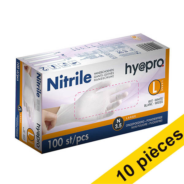 Offre : 10x HY@PRO gants en nitrile sans poudre L (3,5 grammes, 24 cm, 100 pièces) - blanc SHY00061 - 1