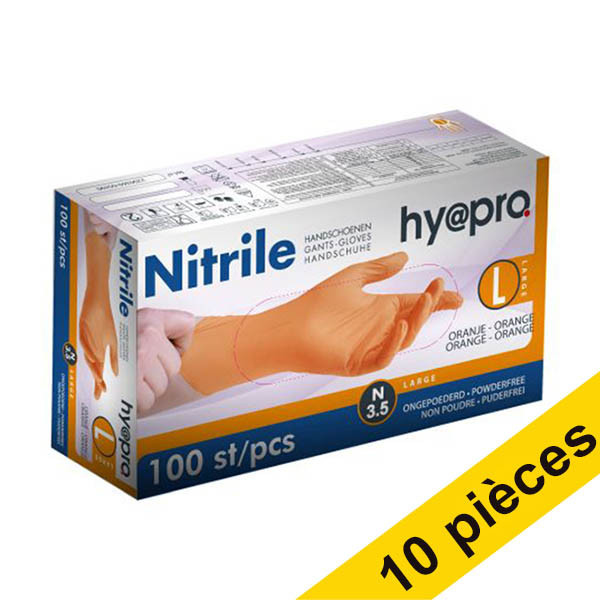 Offre : 10x HY@PRO gants en nitrile sans poudre L (3,5 grammes, 24 cm, 100 pièces) - orange SHY00107 - 1