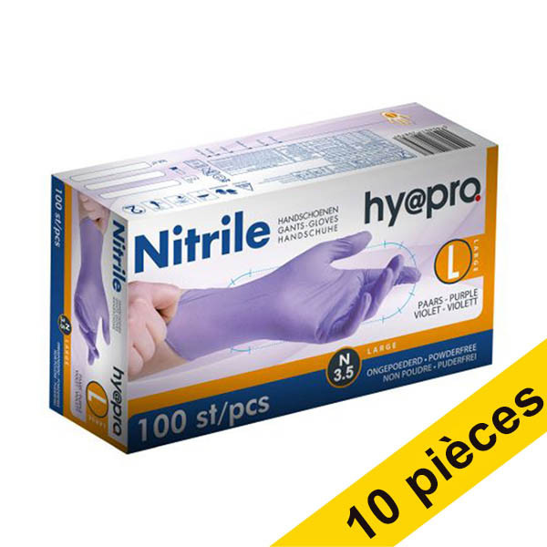 Offre : 10x HY@PRO gants en nitrile sans poudre L (3,5 grammes, 24 cm, 100 pièces) - violet SHY00099 - 1