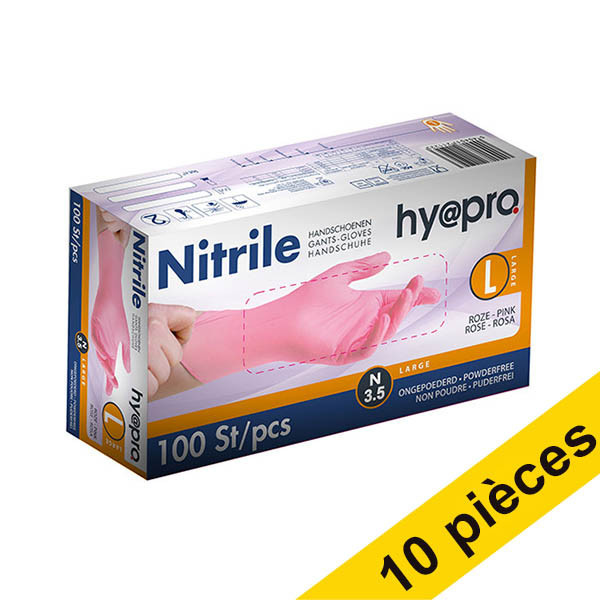 Offre : 10x HY@PRO gants en nitrile sans poudre L (3,8 grammes, 24 cm, 100 pièces) - rose SHY00091 - 1
