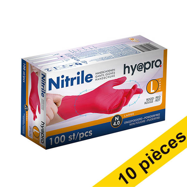 Offre : 10x HY@PRO gants en nitrile sans poudre L (4 grammes, 24 cm, 100 pièces) - rouge SHY00117 - 1