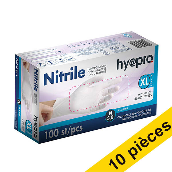 Offre : 10x HY@PRO gants en nitrile sans poudre XL (3,5 grammes, 24 cm, 100 pièces) - blanc SHY00063 - 1