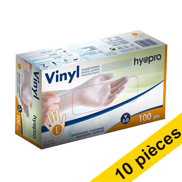 Offre : 10x HY@PRO gants en vinyle sans poudre L (5 grammes, 24 cm, 100 pièces) - blanc SHY00249 - 1