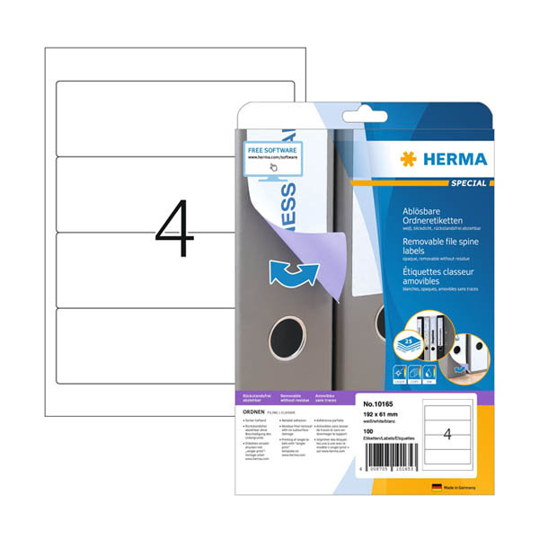 Herma 10165 étiquettes de dos imprimables 61 x 192 mm A4 amovibles larges (100 étiquettes) - blanc 230872 - 1