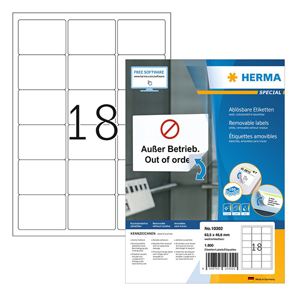 Herma 10302 étiquettes amovibles A4 63,5 x 46,6 mm (1800 étiquettes) - blanc 230625 - 1