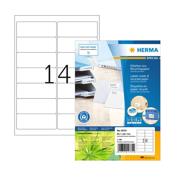 Herma 10731 étiquettes universelles recyclées A4 99,1 x 38,1 mm (1120 étiquettes) - blanc 230840 - 1