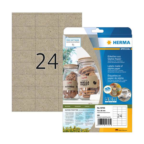 Herma 10753 étiquettes universelles recyclées A4 70 x 36 mm (480 étiquettes) - marron naturel 230848 - 1