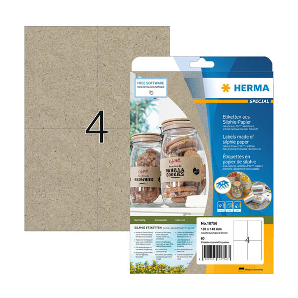Herma 10756 étiquettes universelles recyclées A4 105 x 148 mm (80 étiquettes) - marron naturel 230842 - 1