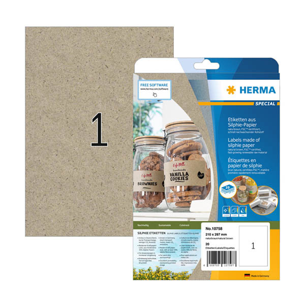 Herma 10758 étiquettes universelles recyclées A4 210 x 297 mm (20 étiquettes) - marron naturel 230844 - 1