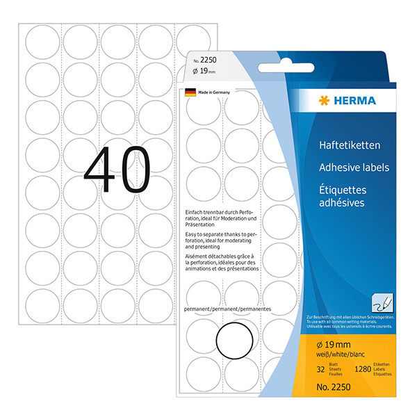 Herma 2250 pastilles de marquage Ø 19 mm rondes (1280 étiquettes) - blanc 230710 - 1