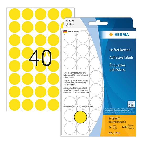 Herma 2251 pastilles de marquage Ø 19 mm rondes (1280 étiquettes) - jaune 230707 - 1