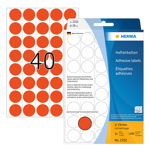 Herma 2252 multifunctionele etiketten Ø 19 mm rond rood (1.280 etiketten) 230709 - 1