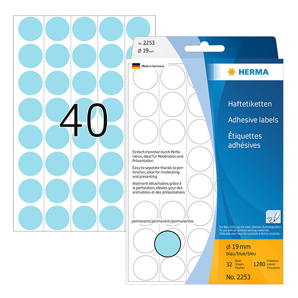 Herma 2253 multifunctionele etiketten Ø 19 mm rond blauw (1.280 etiketten) 230706 - 1