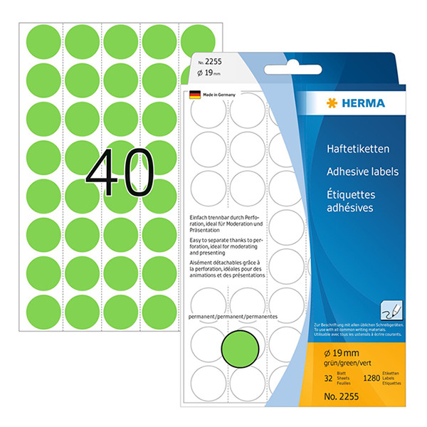 Herma 2255 pastilles de marquage Ø 19 mm rondes (1280 étiquettes) - vert 230708 - 1
