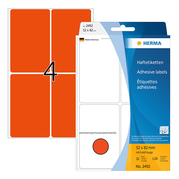 Herma 2492 multifunctionele etiketten 52 x 82 mm rood (128 etiketten) 230695 - 1