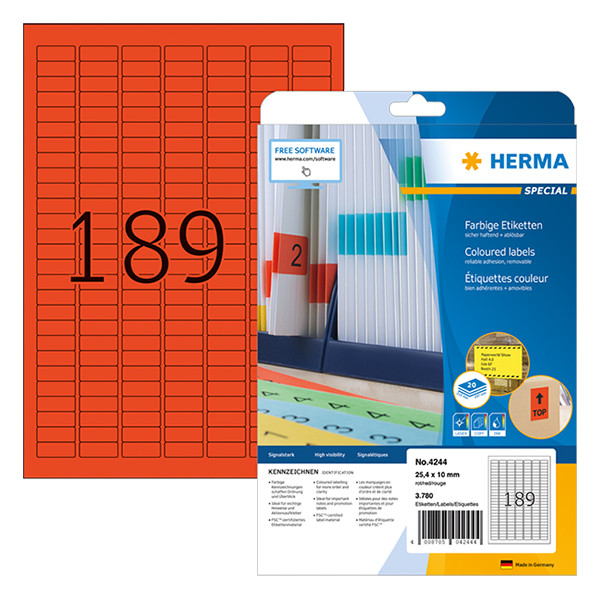 Herma 4244 étiquettes amovibles A4 25,4 x 10 mm (3780 étiquettes) - rouge 230456 - 1