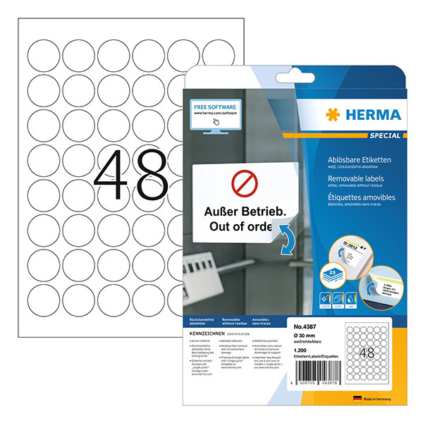 Herma 4387 étiquettes amovibles A4 Ø 30 mm rond (1200 étiquettes) - blanc 238519 - 1