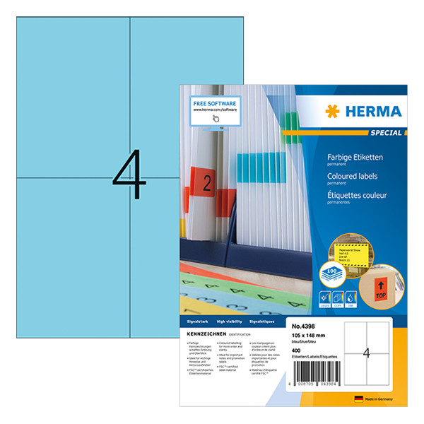 Herma 4398 étiquettes adhésives permanentes A4 105 x 148 mm (400 étiquettes) - bleu 230483 - 1
