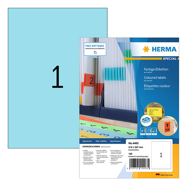 Herma 4403 étiquettes adhésives permanentes A4 210 x 297 mm (100 étiquettes) - bleu 230791 - 1