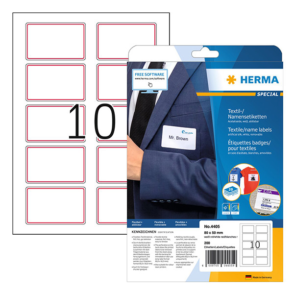 Herma 4405 étiquettes de badges nominatifs/textiles A4 80 x 50 (200 étiquettes) - blanc/rouge 230728 - 1