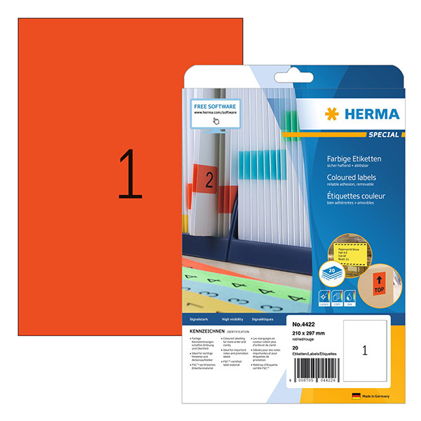 Herma 4422 étiquettes amovibles A4 210 x 297 mm (20 étiquettes) - rouge 230775 - 1