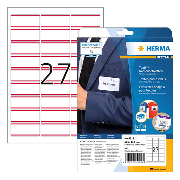 Herma 4512 étiquettes textiles/pour badges nominatifs A4 63,5 x 29,6 (540 étiquettes) - blanc/rouge 230804 - 1