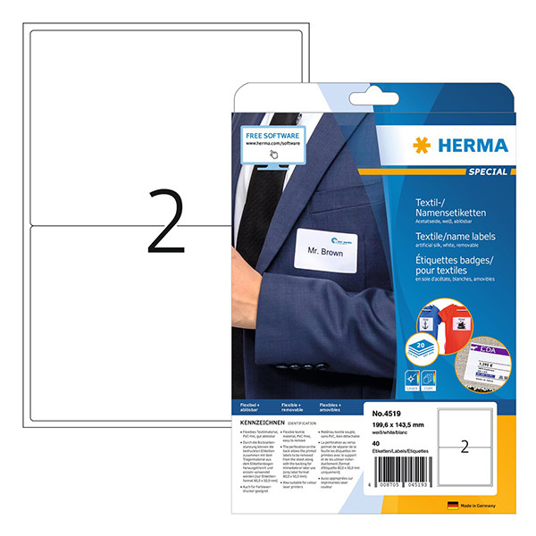 Herma 4519 étiquettes de badges nominatifs/textiles A4 199,6 x 143,4 (40 étiquettes) - blanc 230726 - 1