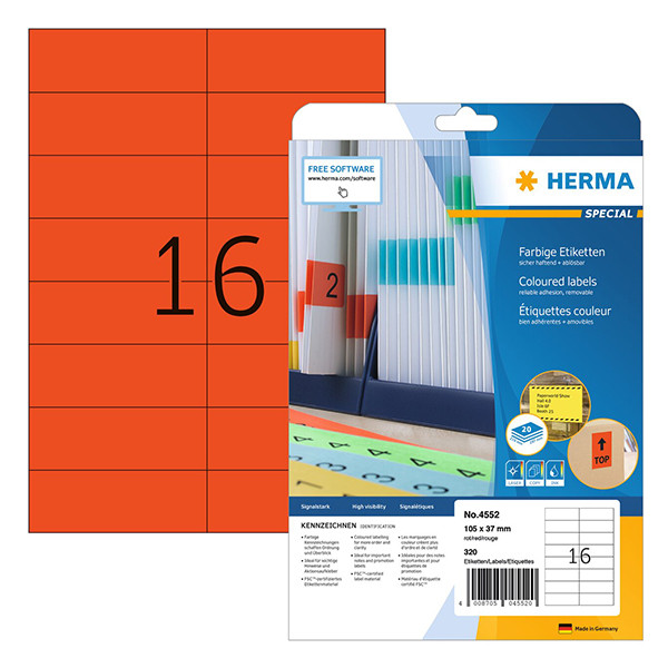 Herma 4552 étiquettes amovibles A4 105 x 37 mm (320 étiquettes) - rouge 230803 - 1