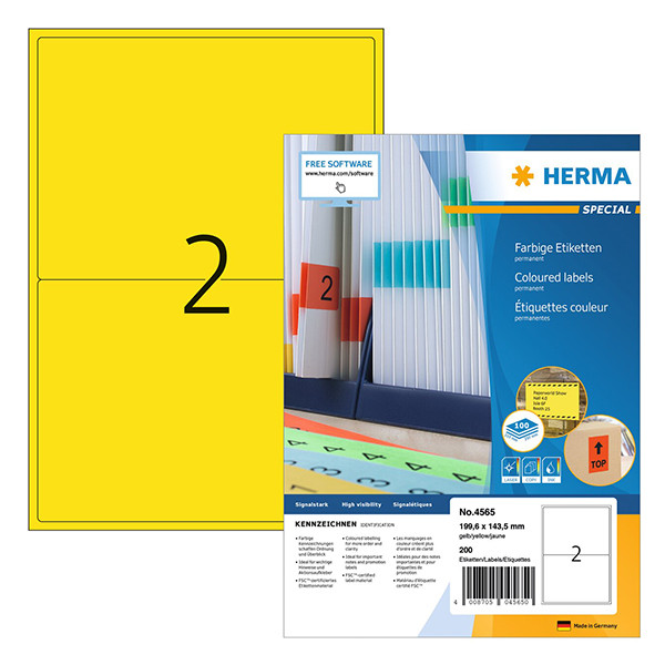 Herma 4565 étiquettes adhésives permanentes A4 199,6 x 143,5 mm (200 étiquettes) - jaune 230783 - 1