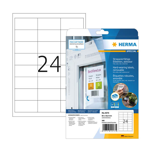 Herma 4573 étiquettes en film amovibles résistantes aux intempéries A4 66 x 33,8 mm (480 étiquettes) - blanc 230854 - 1