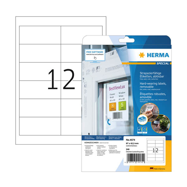 Herma 4574 étiquettes en film amovibles résistantes aux intempéries A4 97 x 42,3 mm (240 étiquettes) - blanc 230855 - 1