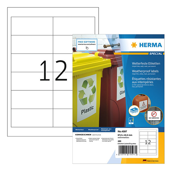 Herma 4597 étiquettes jet d'encre résistantes aux intempéries A4 97 x 42,3 mm (480 étiquettes) - blanc 230746 - 1
