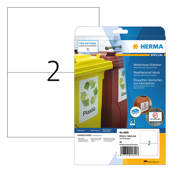 Herma 4600 étiquettes jet d'encre résistantes aux intempéries A4 210 x 148 mm (20 étiquettes) - blanc 230762 - 1
