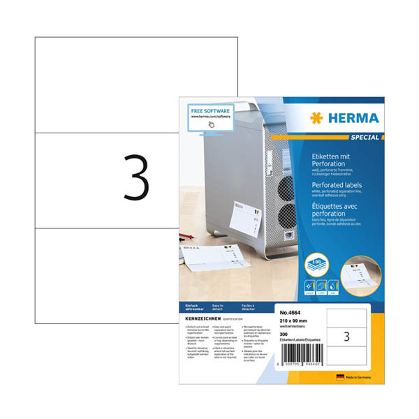 Herma 4664 étiquettes avec perforation 210 x 99 mm (300 étiquettes) - blanc 230827 - 1